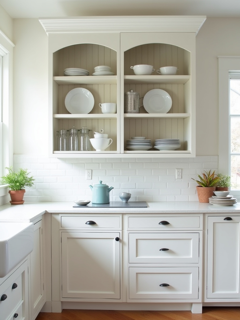 White farmhouse kitchen showcasing a plate rack cabinet filled with dishware and plates, with natural light.