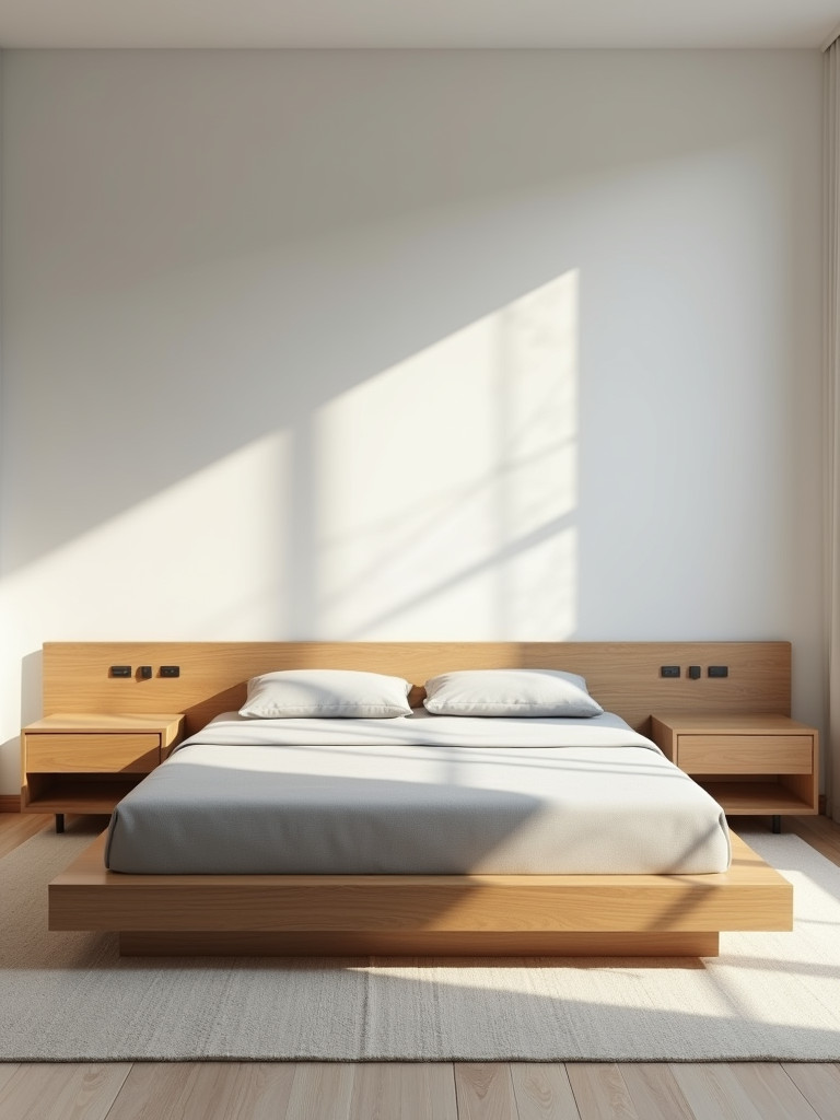 A minimalist bedroom featuring a wooden platform bed frame, light gray bedding and two simple nightstands, bathed in natural light