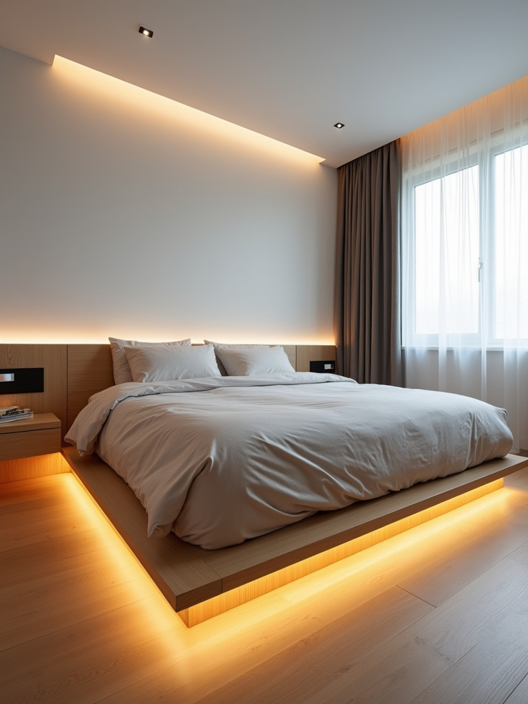 A modern bedroom featuring a platform bed with integrated warm LED lighting