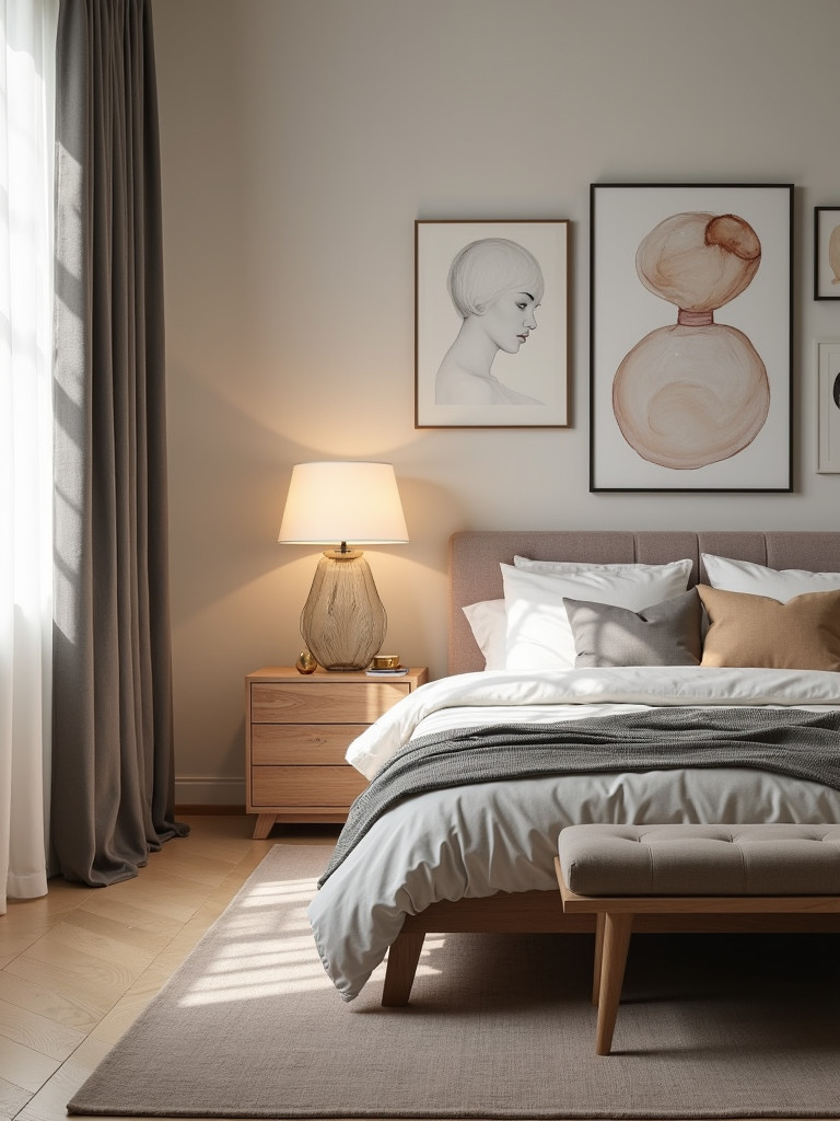 A bedroom with varied heights in furniture and decor