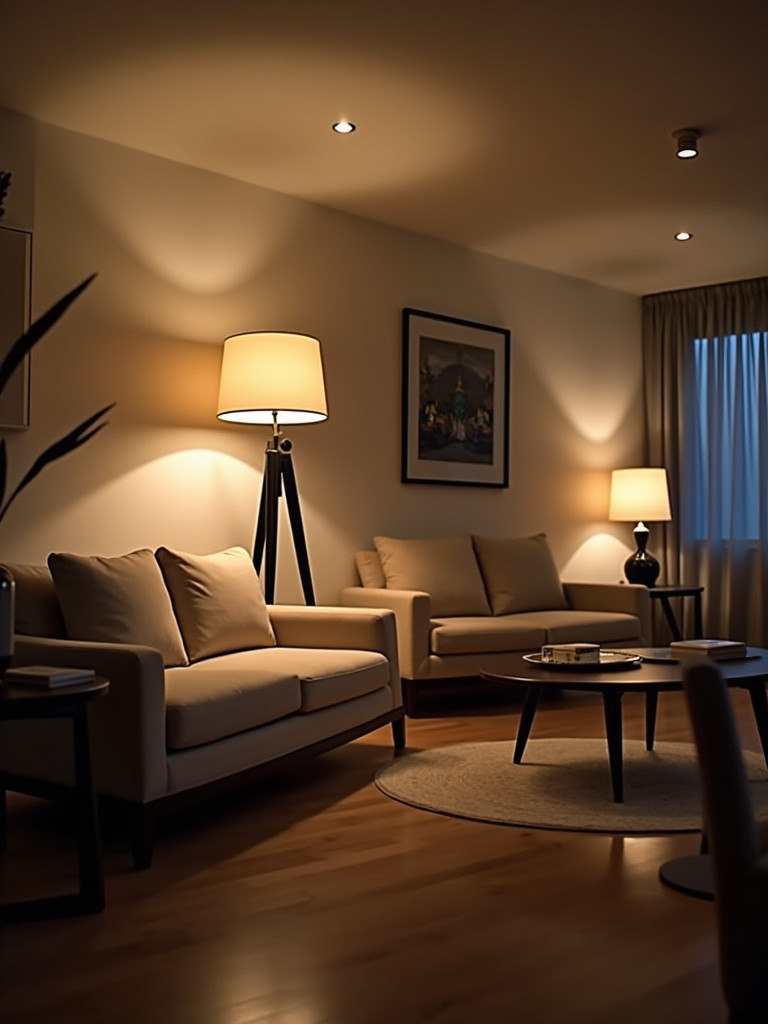 A living room with layered lighting including a floor lamp, table lamp, and recessed lighting