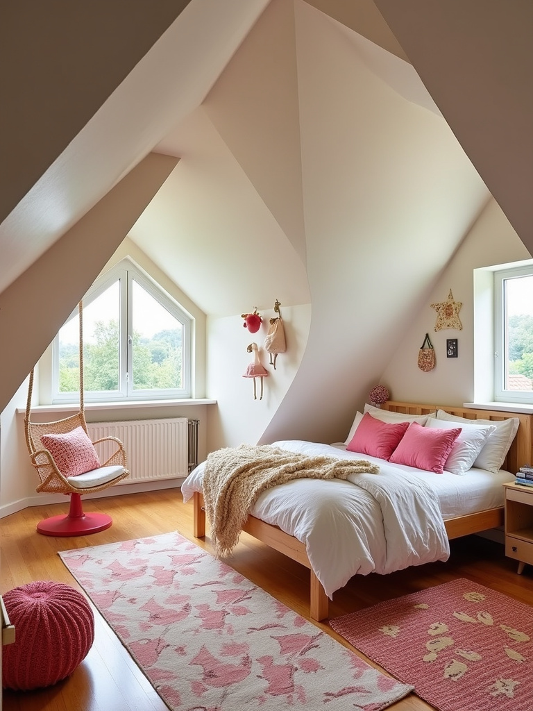 A fun attic bedroom with bright colors, playful patterns, and unique decorations.