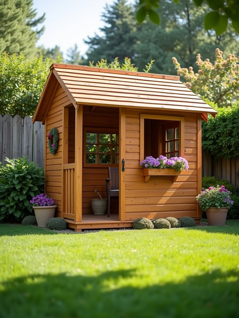 A wooden playhouse in a well-maintained backyard