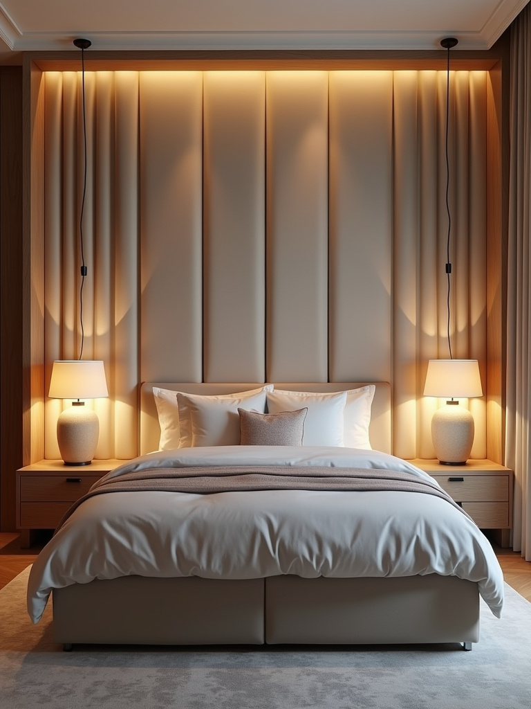 A plush, upholstered headboard in a bedroom contributes to the space’s coziness and comfort.