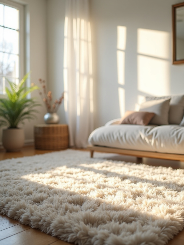 A soft plush rug is featured in this warm bedroom interior scene.
