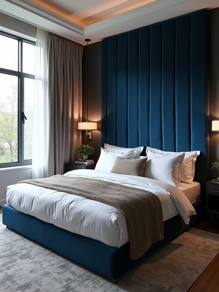 A cozy master bedroom with a deep blue plush velvet headboard, layered bedding, and soft natural lighting.