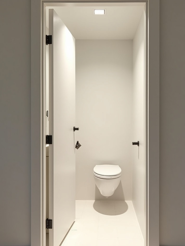A small bathroom with a fully open pocket door, light-colored walls, and recessed lighting.