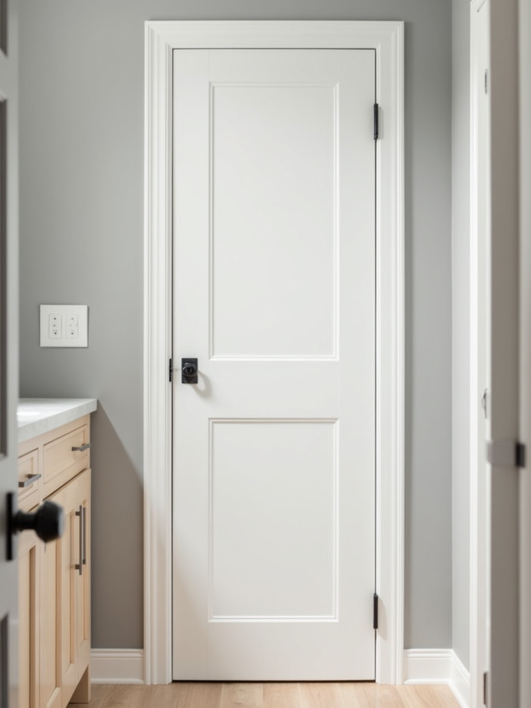 A white pocket door in a small bathroom, partially open