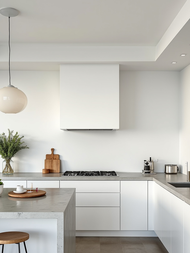 A minimalist kitchen with white cabinets and polished concrete countertops.