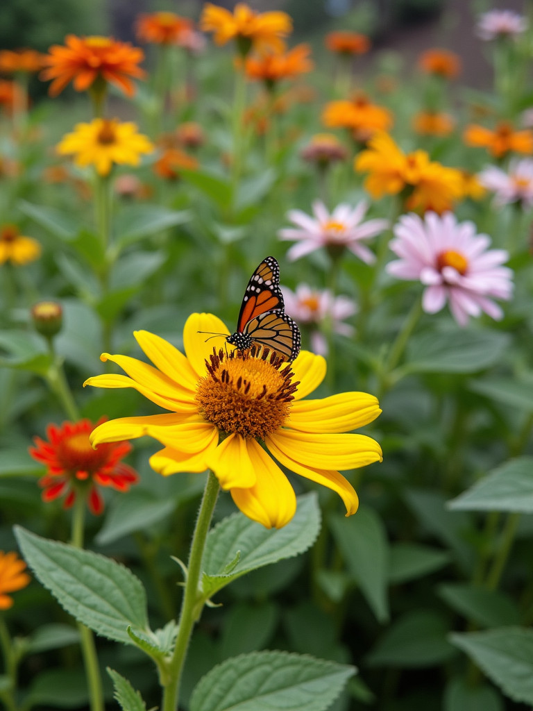 A vegetable garden photo featuring an abundance of pollinator attracting flowers, buzzing with bees and butterflies.