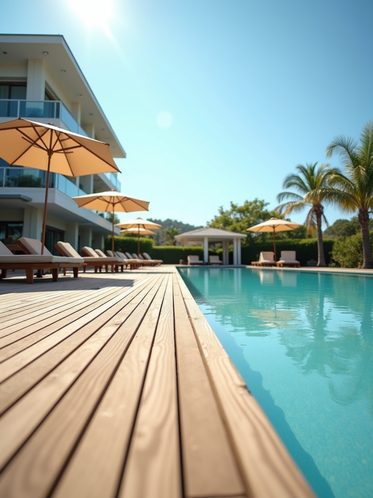 A wooden deck extending from a pool, with lounge chairs and umbrellas, creating a relaxed poolside atmosphere.