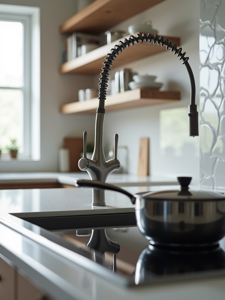 A high end kitchen setup with a modern pot filler faucet over the cooktop for convenience.