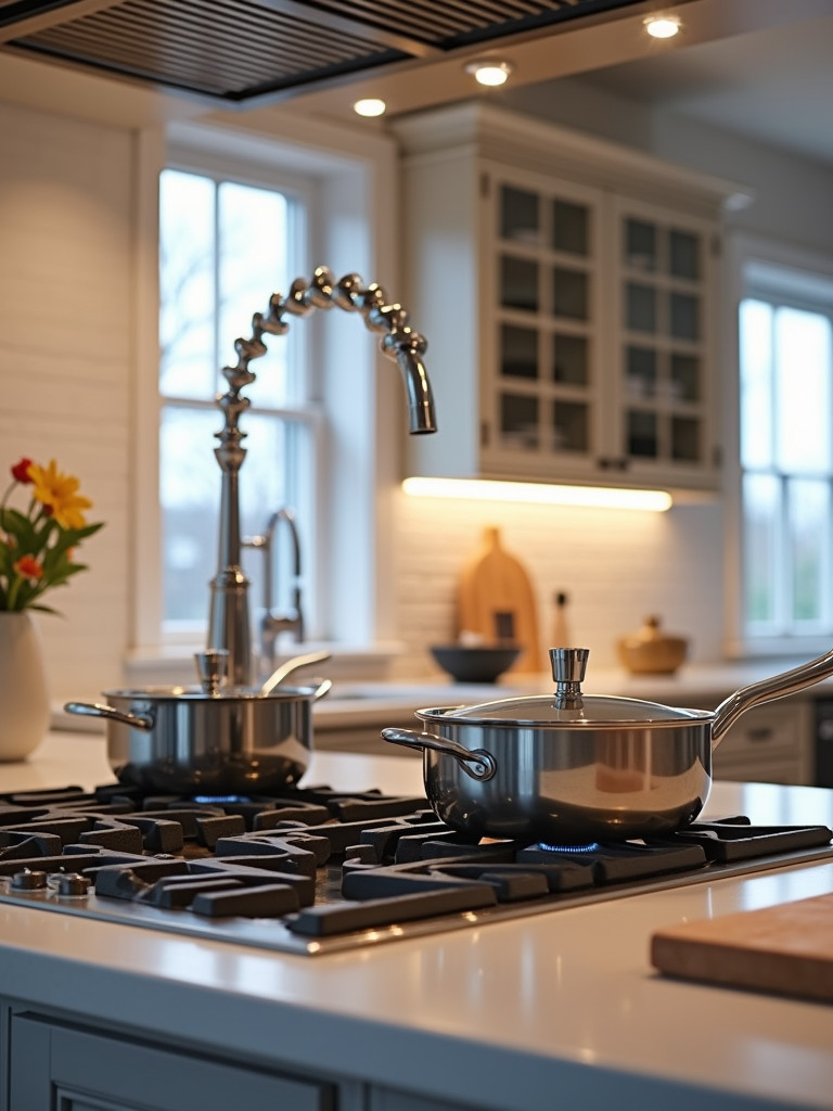 A modern kitchen showing a convenient pot filler over the cooktop, adding convenience and ease
