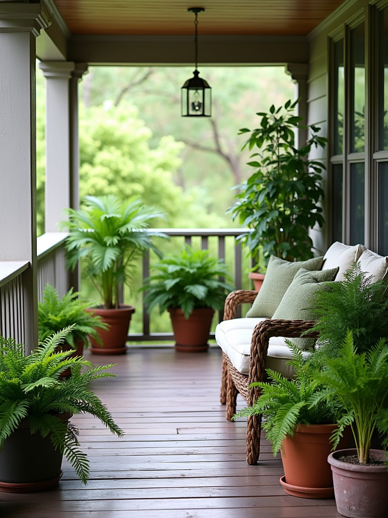 A back porch decorated with various potted ferns and soft natural light.