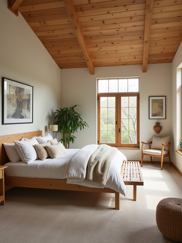 A full Prairie style bedroom with clean lines, natural wood, earth tones, and large windows