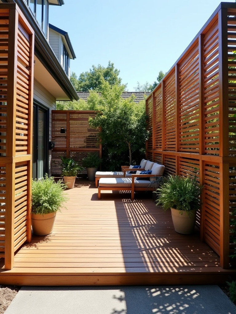 A wooden deck enclosed by a slatted privacy screen with modern design, with outdoor furniture and greenery, providing privacy.
