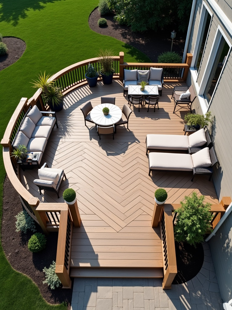 A deck with a custom design, showcasing different zones, highlighting a professional design and layout.