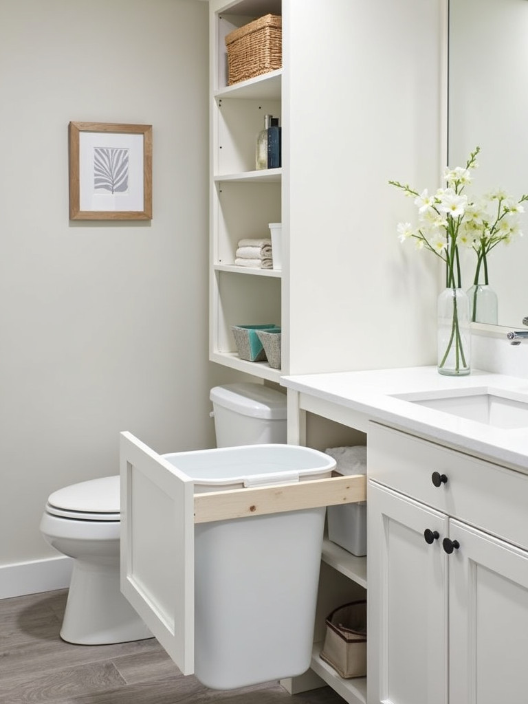 A pull-out hamper drawer providing hidden and convenient laundry storage in a modern bathroom.