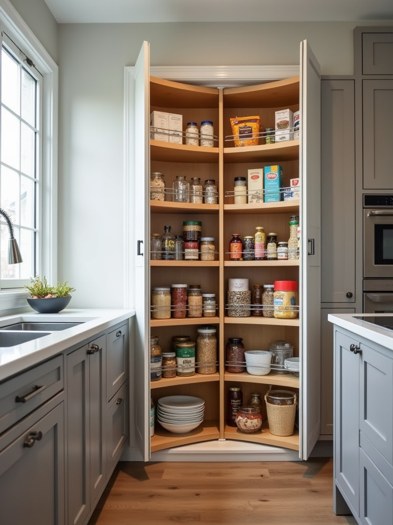 A modern kitchen showcasing an extended pull-out pantry cabinet filled with various organized food items.