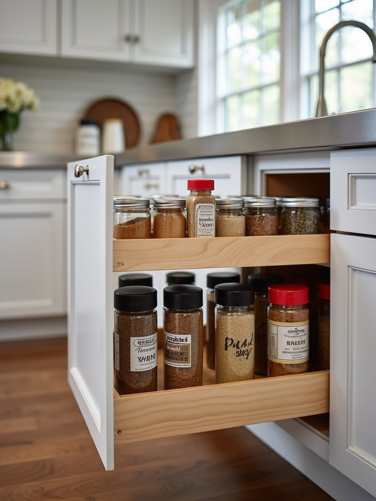 A fully extended pull-out spice rack in a modern kitchen, showing a variety of organized spice jars