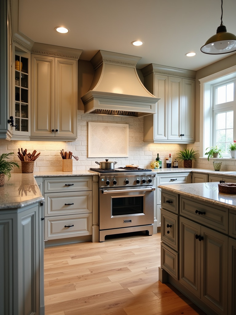 A traditional kitchen featuring a quarry tile backsplash, giving a rustic and practical design in a well-lit environment
