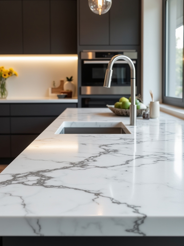 A modern kitchen featuring sleek quartz countertops that add elegance to the design.