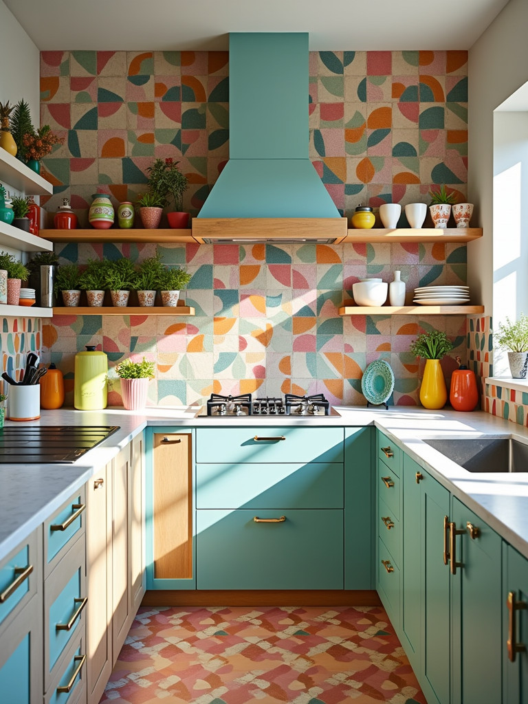 A colorful kitchen featuring a quirky patterned tile backsplash and eclectic design