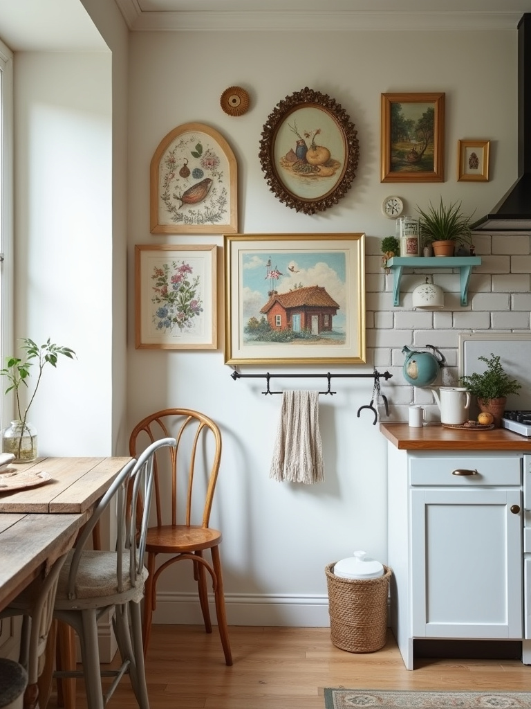 Quirky wall art in a small cottage kitchen with soft natural lighting.
