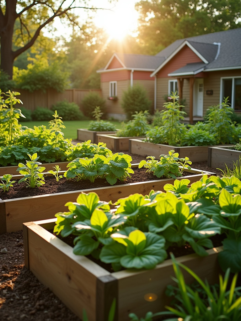 a well-maintained vegetable garden with multiple raised beds in a backyard setting, lit by warm afternoon sun