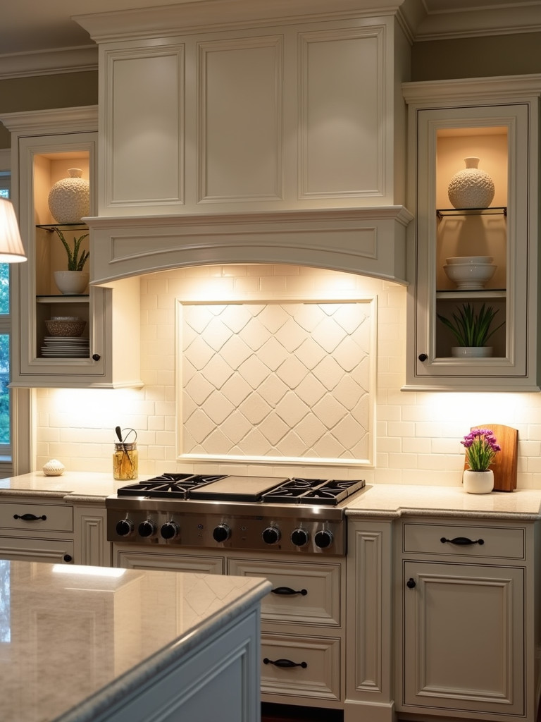 A traditional kitchen with a raised panel backsplash, matching the style of the cabinetry, and illuminated by soft ambient lighting