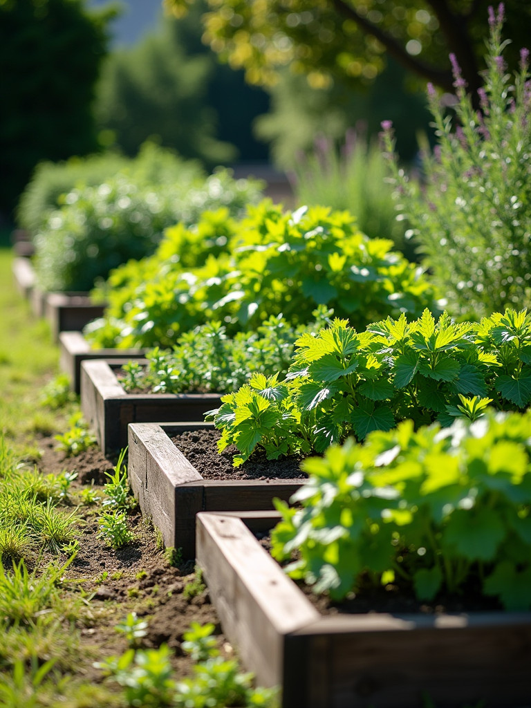 Raised garden beds filled with vegetables and herbs