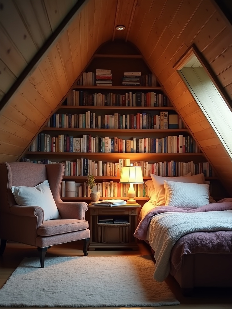 A relaxing attic reading nook with a comfortable chair and lots of books.