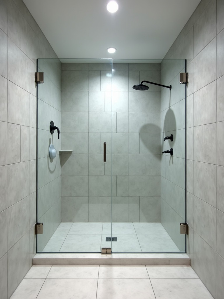 A small bathroom with multiple recessed lights on the ceiling, light grey tile, and a glass shower, brightly illuminated.