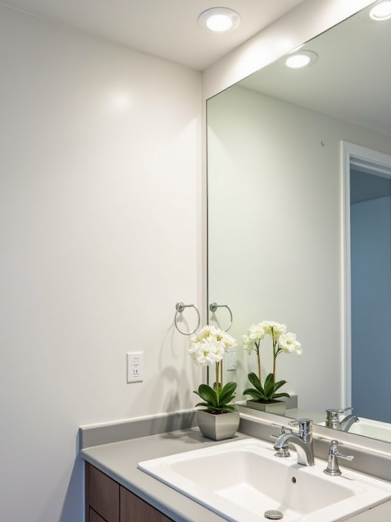 Recessed lighting in a small, modern bathroom with white walls