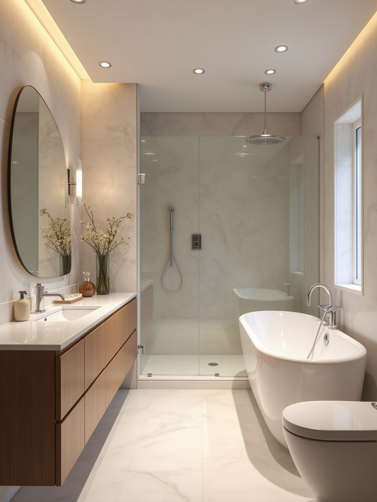 A modern bathroom with soft, ambient lighting provided by recessed ceiling lights.