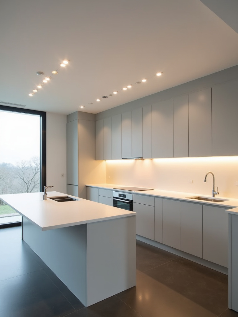 A contemporary kitchen lit with warm-toned recessed lighting.