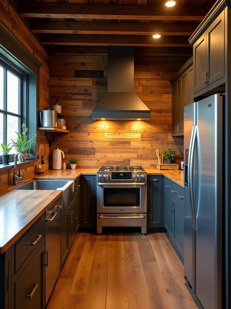 A rustic kitchen featuring a reclaimed wood backsplash and vintage appliances