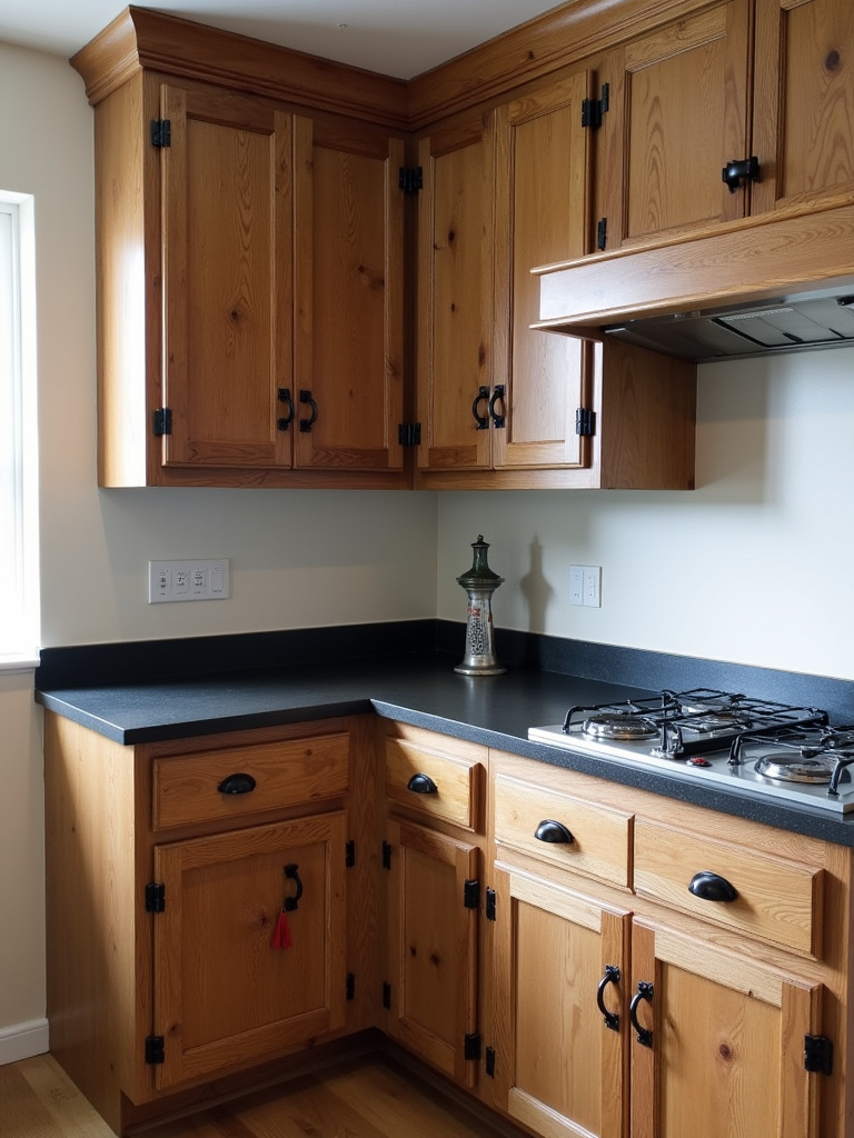 Farmhouse kitchen featuring reclaimed wood cabinets, rustic pulls, and natural lighting.