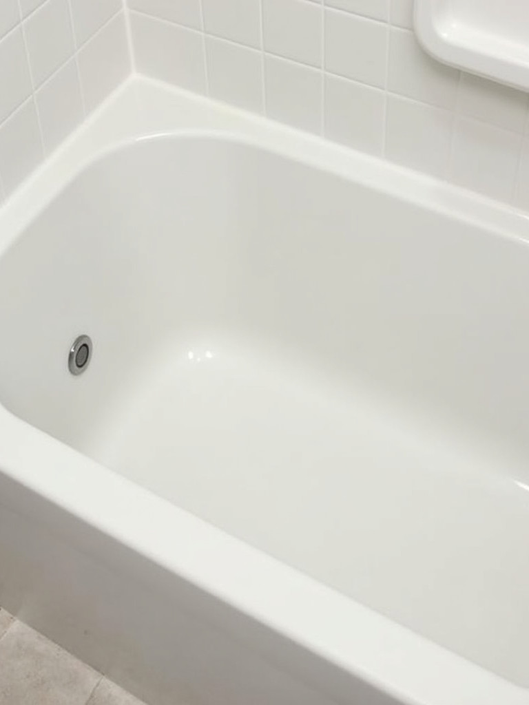 A clean and shiny refinished bathtub in a well-lit bathroom.