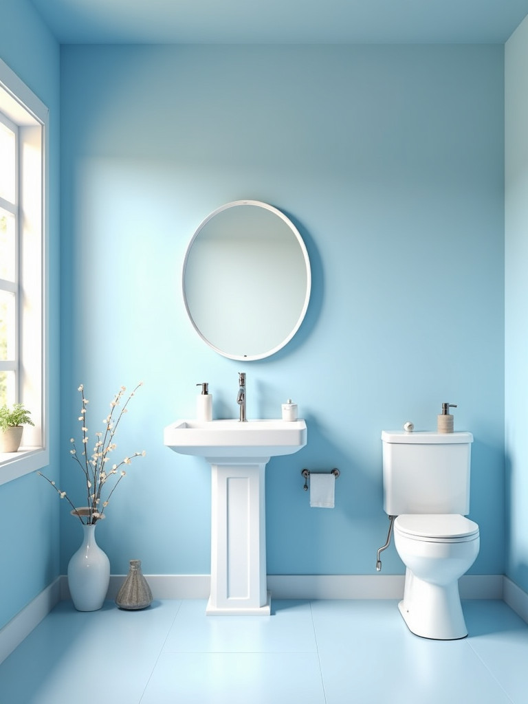 A light blue bathroom with a clean white vanity
