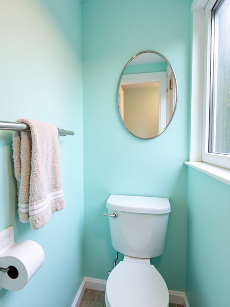 A small bathroom with freshly painted light blue walls, white fixtures, and natural light.