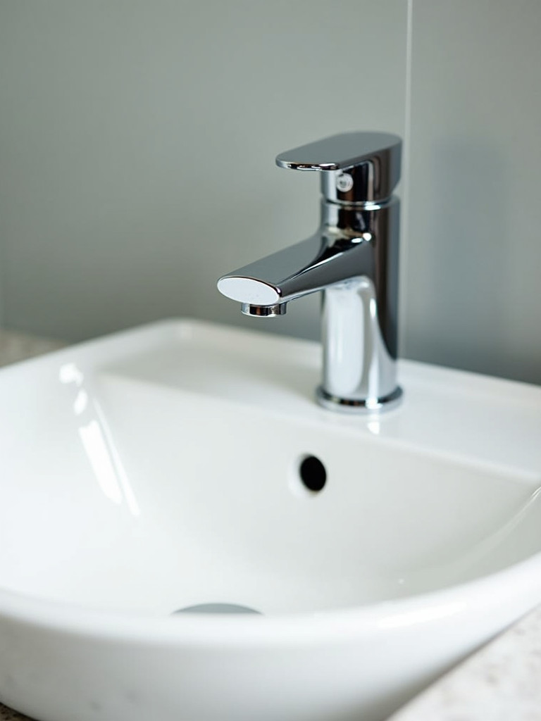 A close-up of a bathroom sink with a new, stylish chrome faucet.