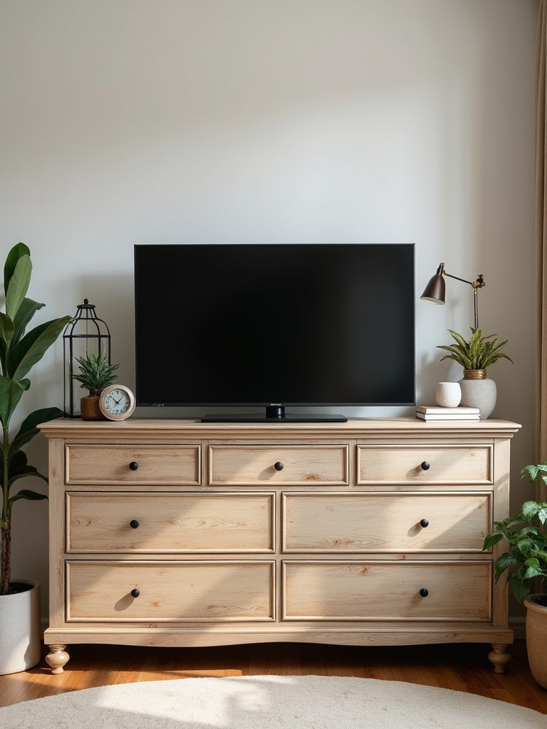 Living room with a repurposed dresser used as a TV console