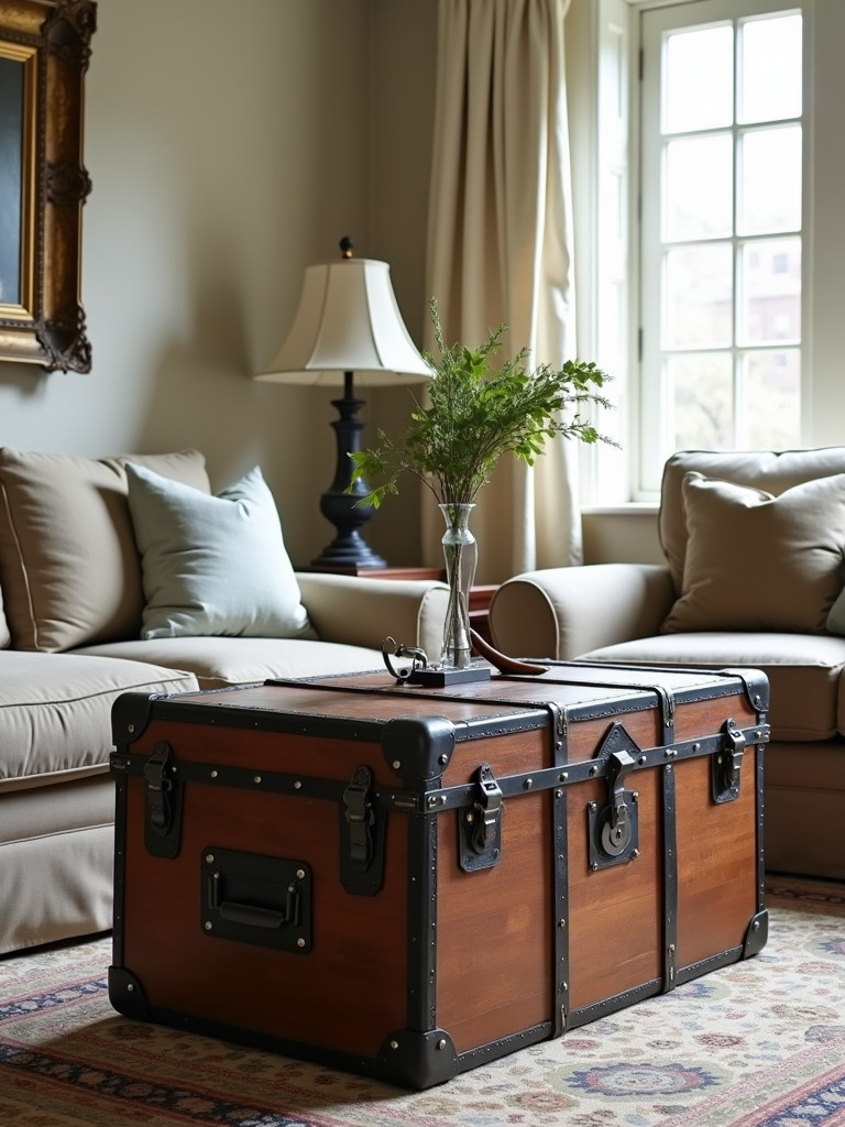 A living room featuring repurposed vintage items like a trunk as a coffee table