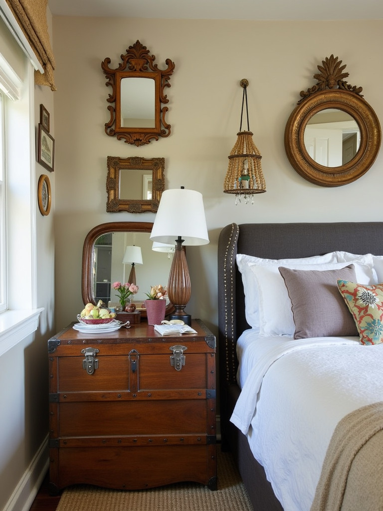 A bedroom with repurposed vintage finds and warm lighting