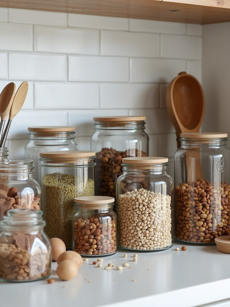 Repurposed jars and containers used to store spices, dry goods, and utensils on a kitchen counter
