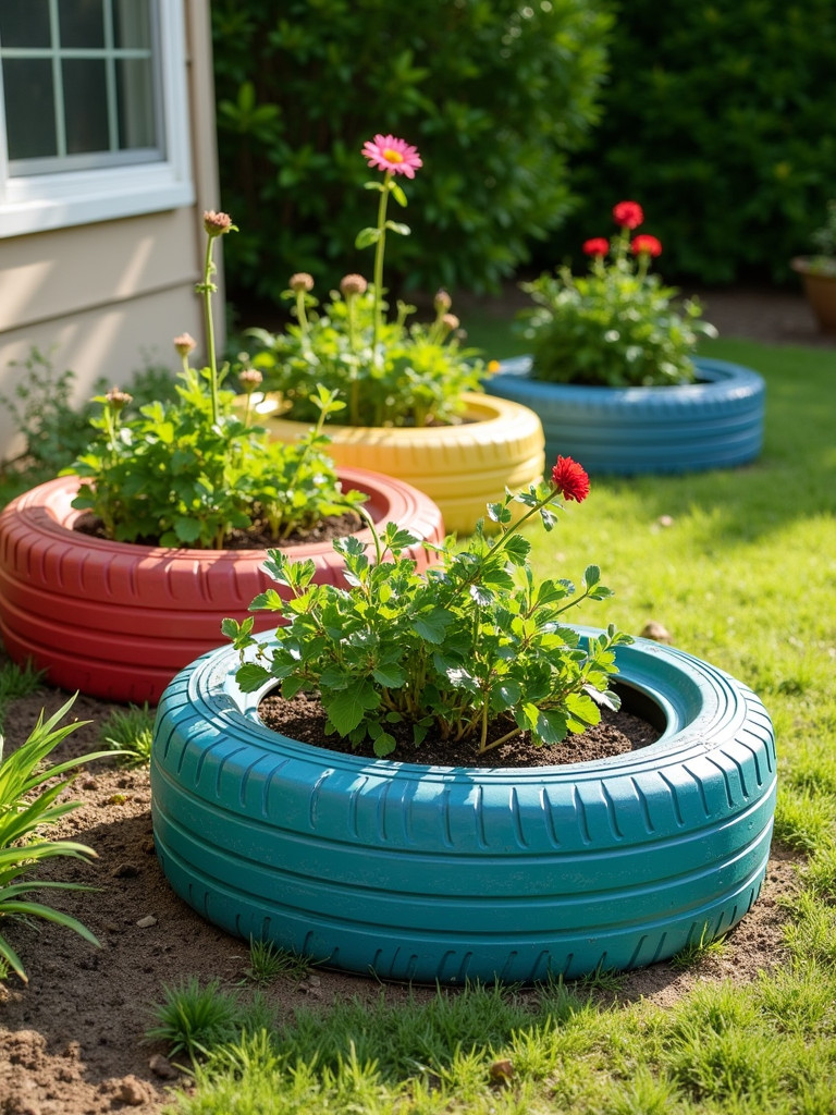Repurposed tire planters in a garden