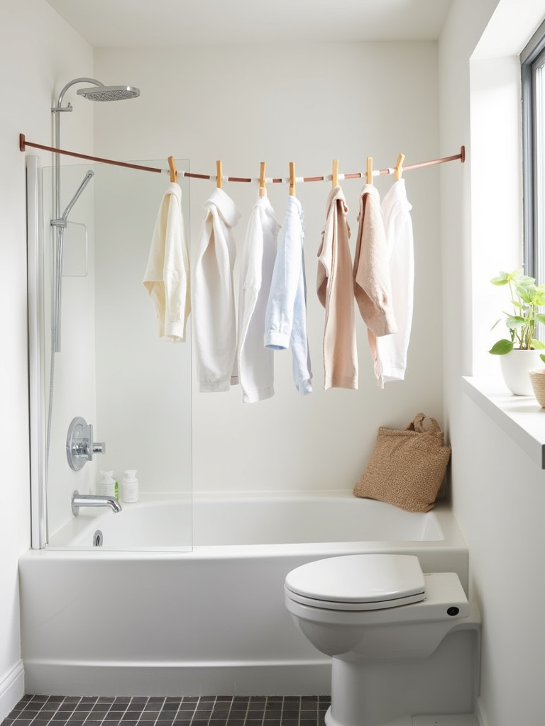 A bright laundry bathroom featuring a retractable clothesline extended, with a few delicate items hanging to dry, positioned near a window, with lots of natural light, and a calm setting.