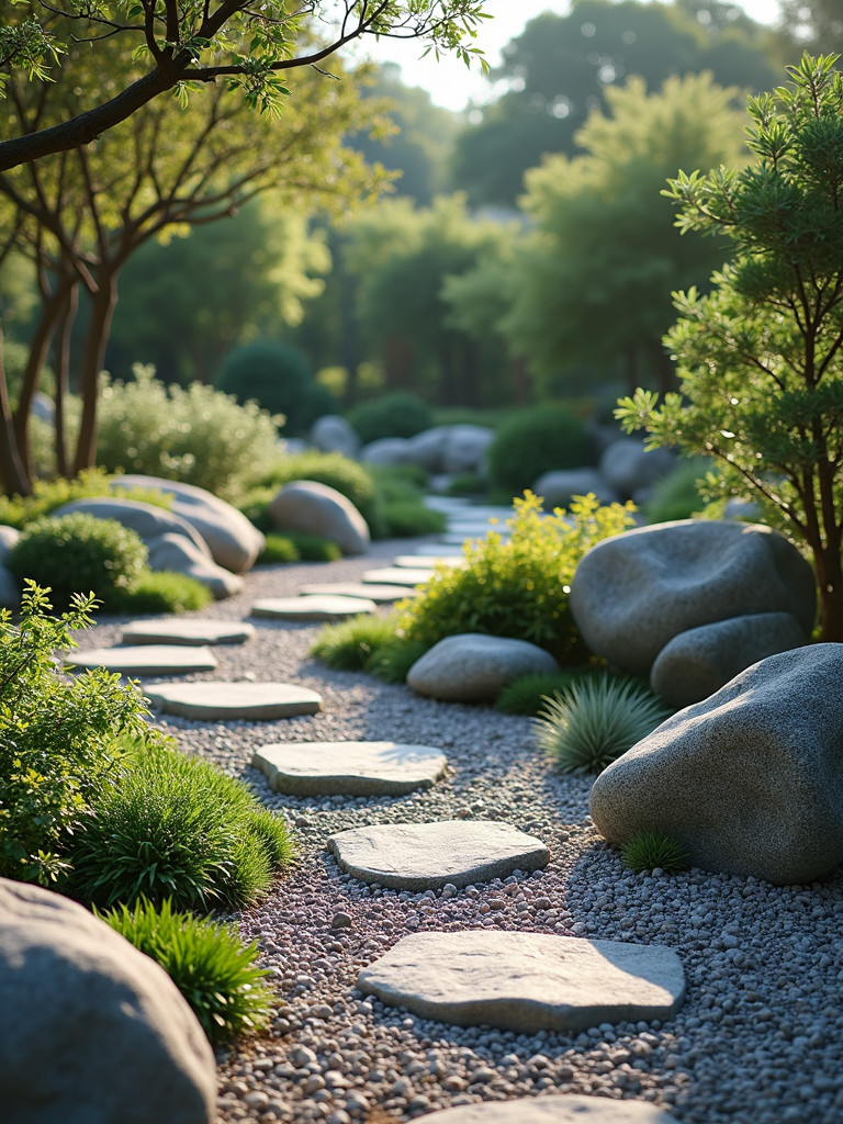 A rock garden landscape with varied plants and stones