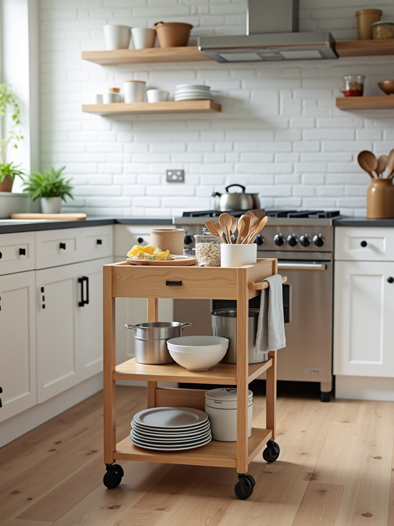 A rolling kitchen cart filled with various kitchen tools and items, adding mobile storage and workspace